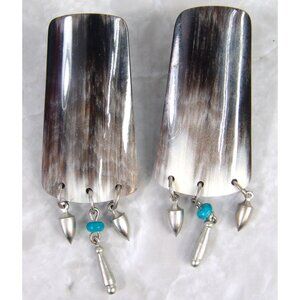 Vtg 90s Handmade Clip-On Earrings Tribal Horn Silver Charms Southwest 3"L Muskox